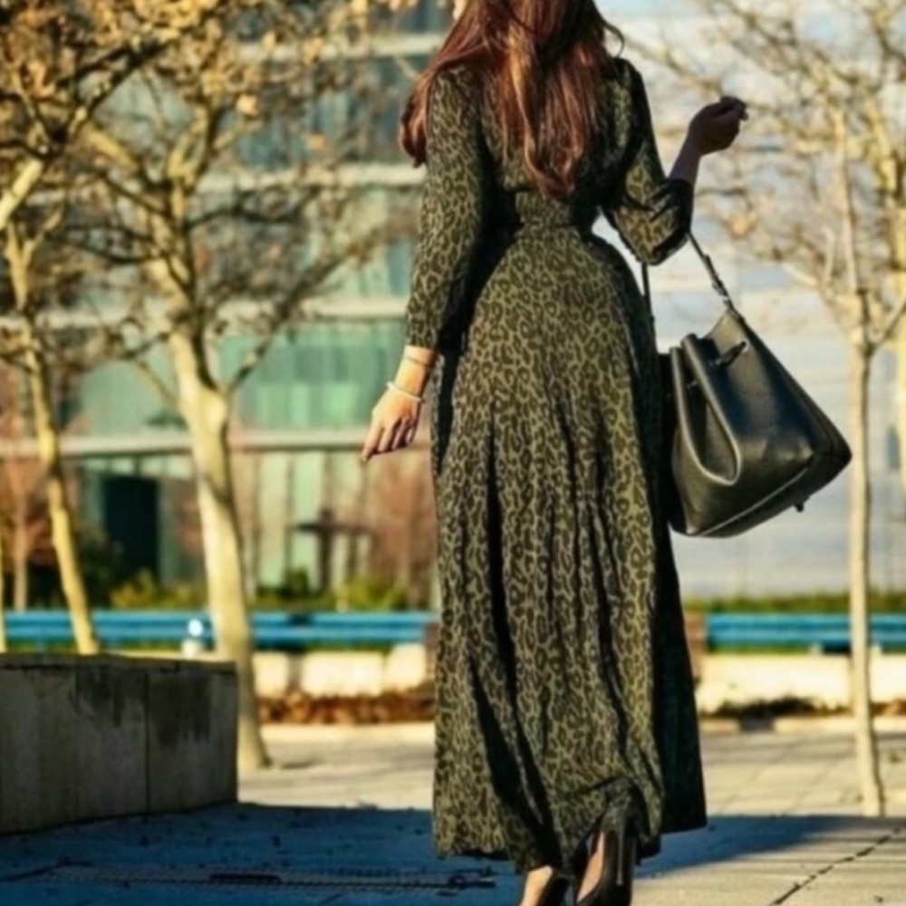 Zara Green Leopard Print Maxi Shirt Dress size S